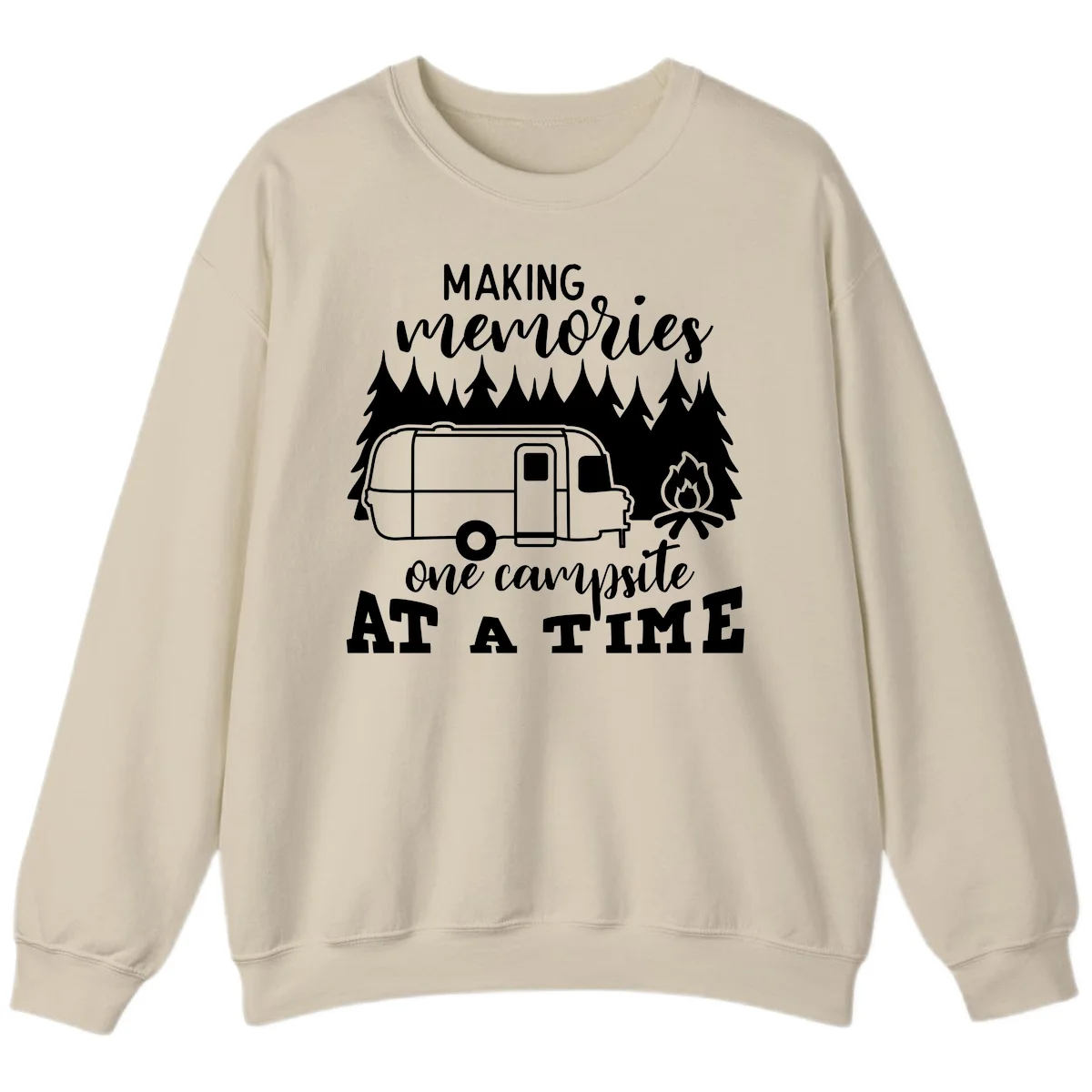 Vintage Airstream trailer parked among evergreen trees with a campfire, text reading Making Memories One Campsite At A Time in Sand