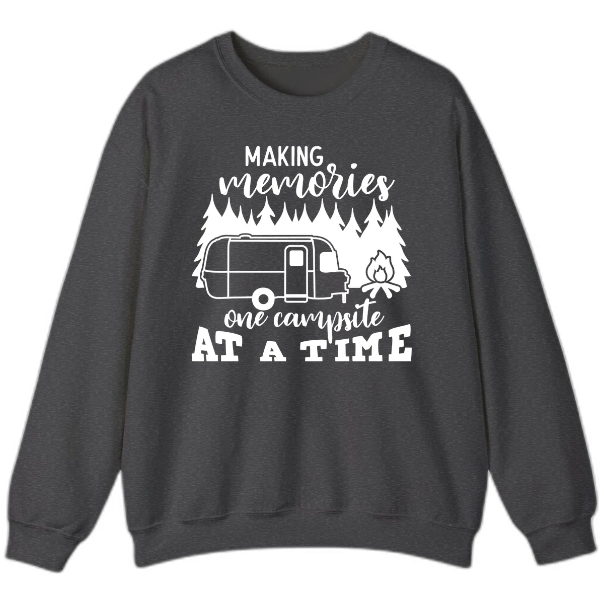 Vintage Airstream trailer parked among evergreen trees with a campfire, text reading Making Memories One Campsite At A Time in Dark Heather