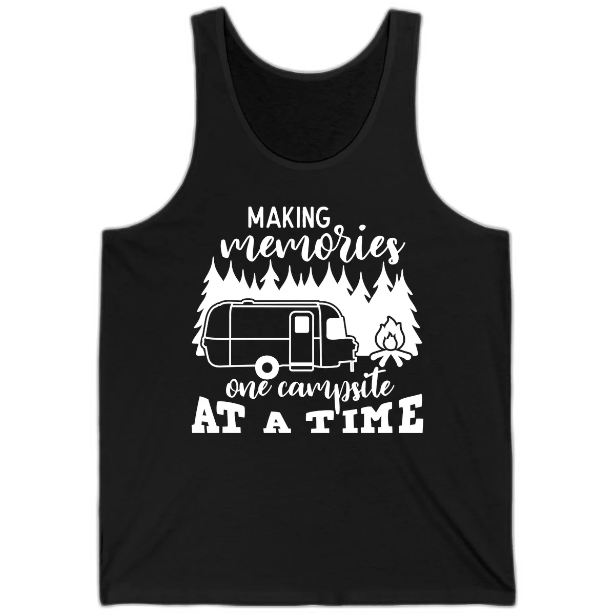 Vintage Airstream trailer parked among evergreen trees with a campfire, text reading Making Memories One Campsite At A Time in Black