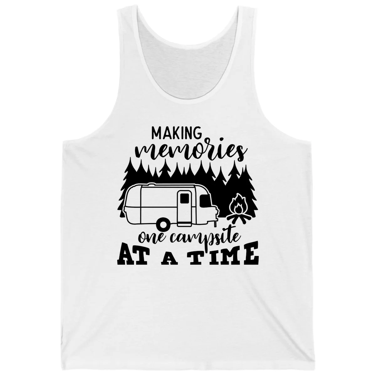 Vintage Airstream trailer parked among evergreen trees with a campfire, text reading Making Memories One Campsite At A Time in White