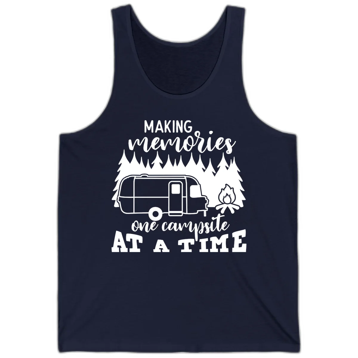 Vintage Airstream trailer parked among evergreen trees with a campfire, text reading Making Memories One Campsite At A Time in Navy