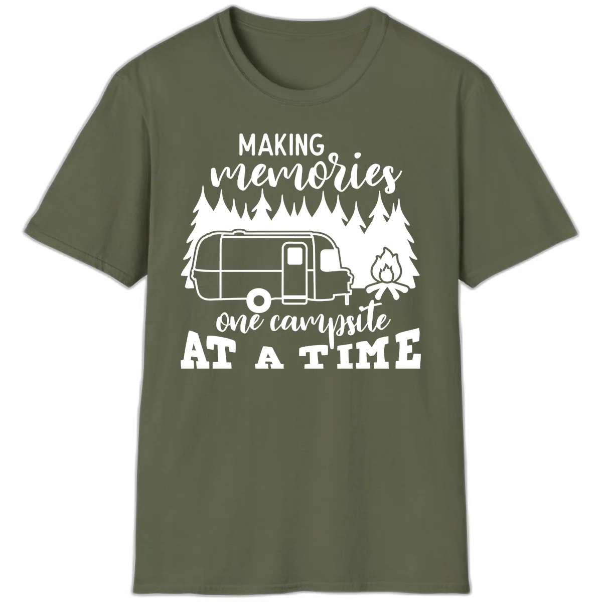 Vintage Airstream trailer parked among evergreen trees with a campfire, text reading Making Memories One Campsite At A Time in Military Green
