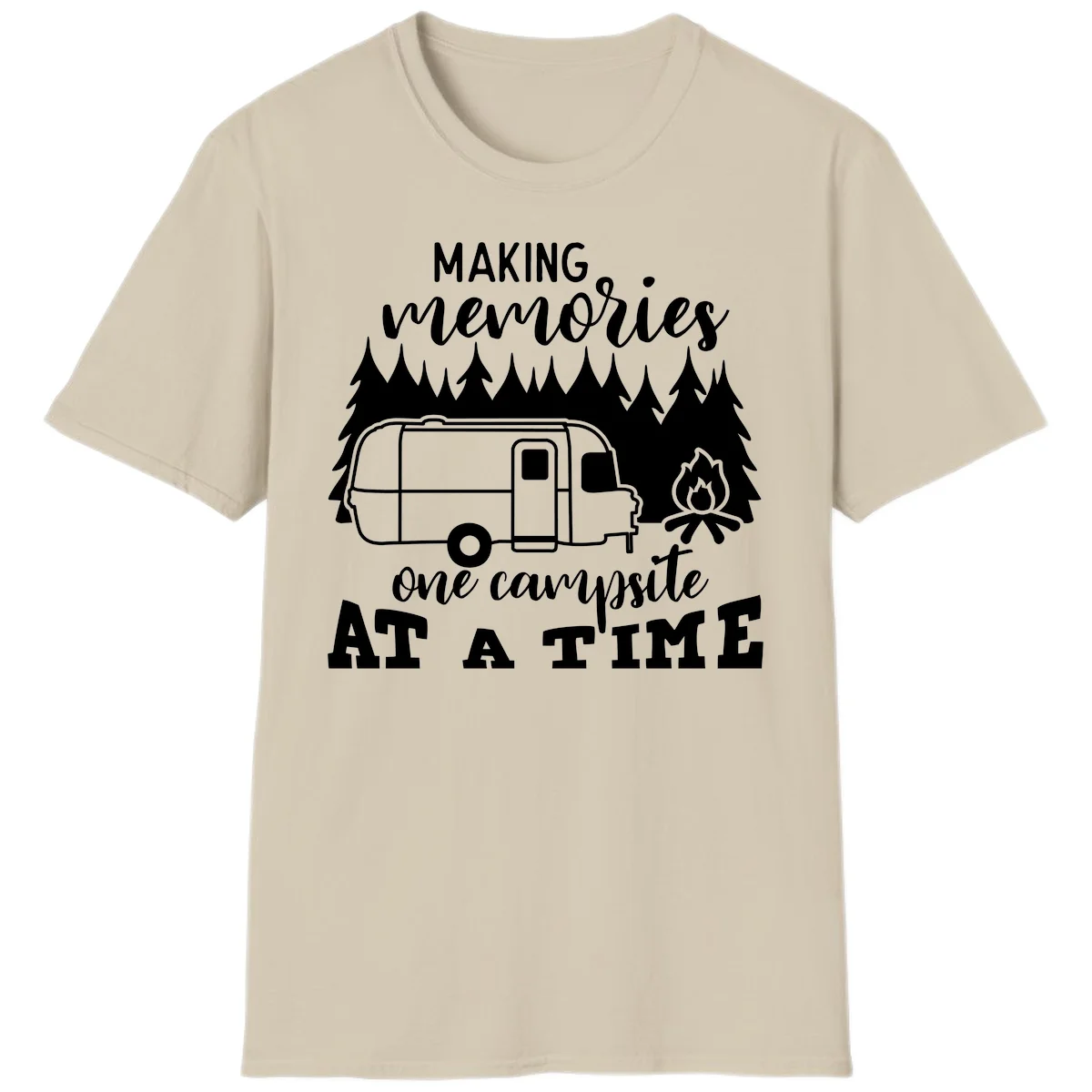 Vintage Airstream trailer parked among evergreen trees with a campfire, text reading Making Memories One Campsite At A Time in Sand