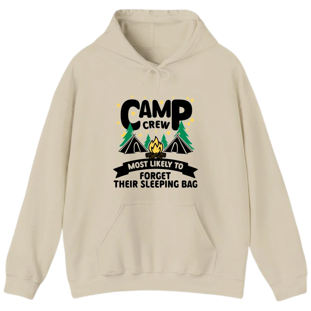 Camp crew most likely to forget sleeping bag design with campfire, tents, trees, and stars on gray background in Sand