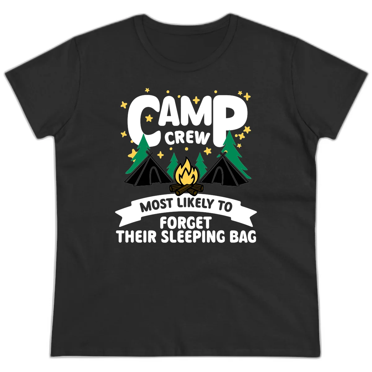 Camp crew most likely to forget sleeping bag design with campfire, tents, trees, and stars on gray background in Black