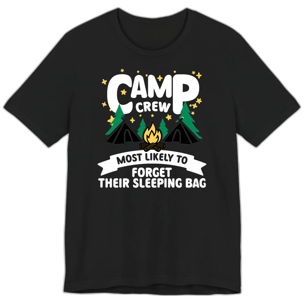 Camp crew most likely to forget sleeping bag design with campfire, tents, trees, and stars on gray background in Black