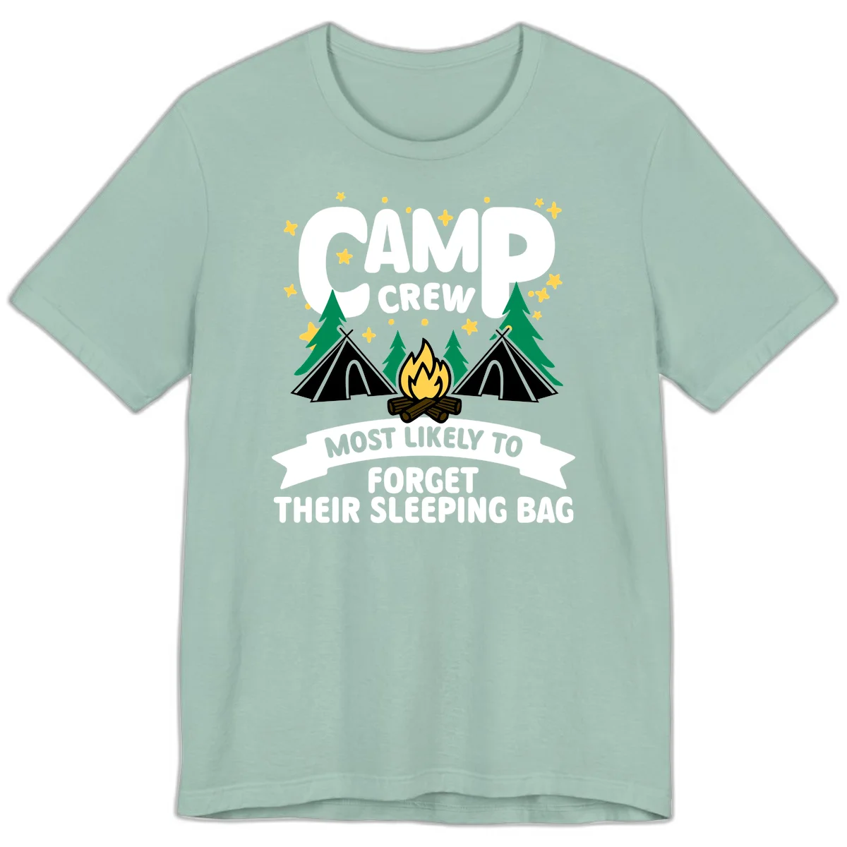 Camp crew most likely to forget sleeping bag design with campfire, tents, trees, and stars on gray background in Dusty Blue