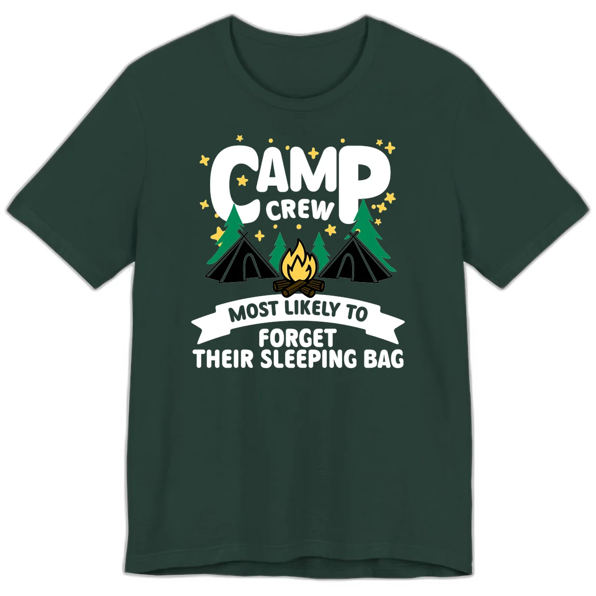 Camp crew most likely to forget sleeping bag design with campfire, tents, trees, and stars on gray background in Forest