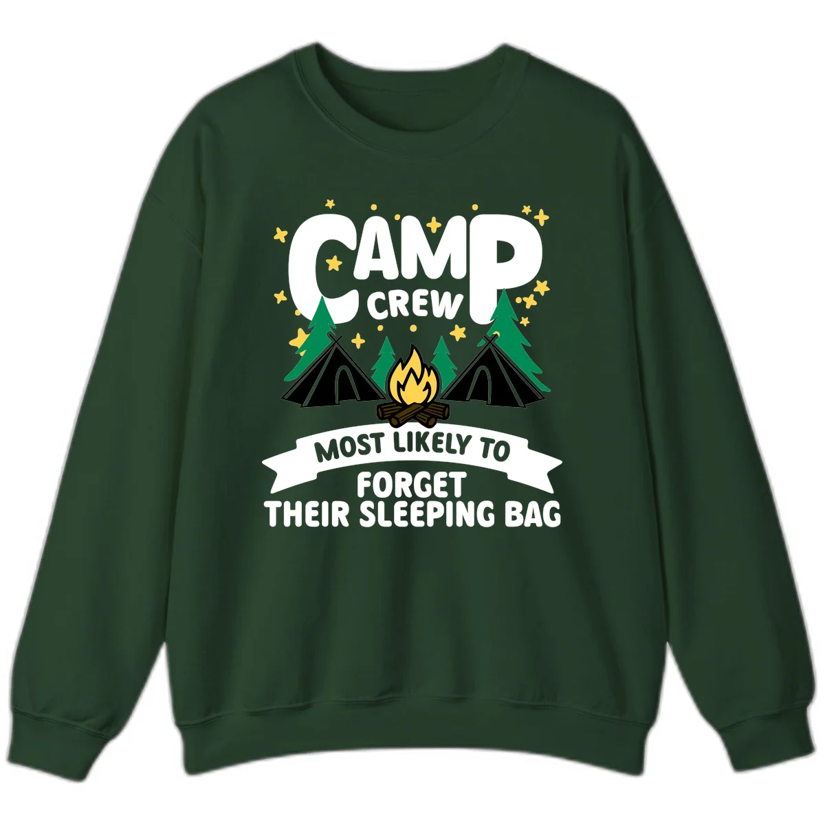 Camp crew most likely to forget sleeping bag design with campfire, tents, trees, and stars on gray background in Forest Green