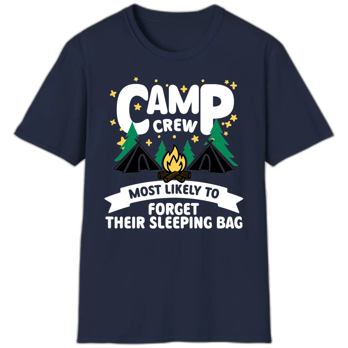 Camp crew most likely to forget sleeping bag design with campfire, tents, trees, and stars on gray background in Navy