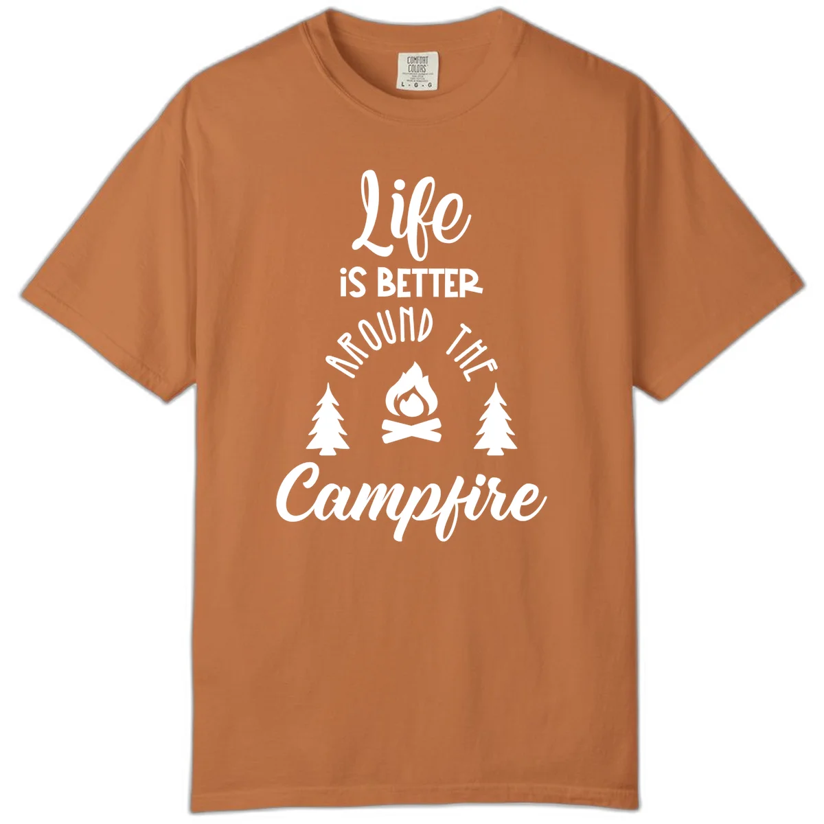White lettering and campfire graphic with pine trees on gray background reading 'Life is better around the campfire' in Yam