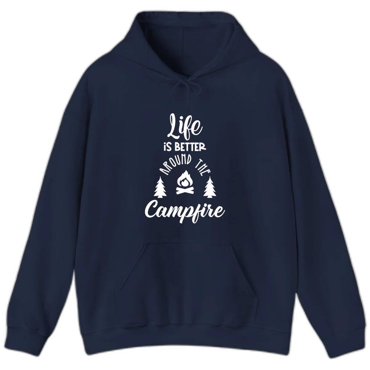 White lettering and campfire graphic with pine trees on gray background reading 'Life is better around the campfire' in Navy