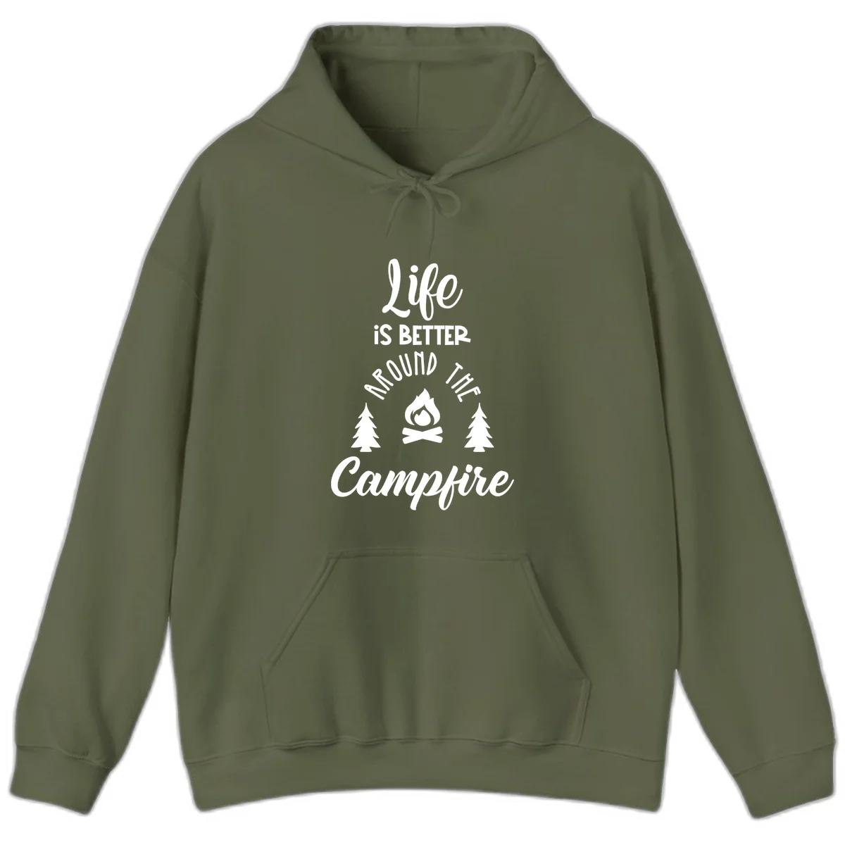 White lettering and campfire graphic with pine trees on gray background reading 'Life is better around the campfire' in Military Green