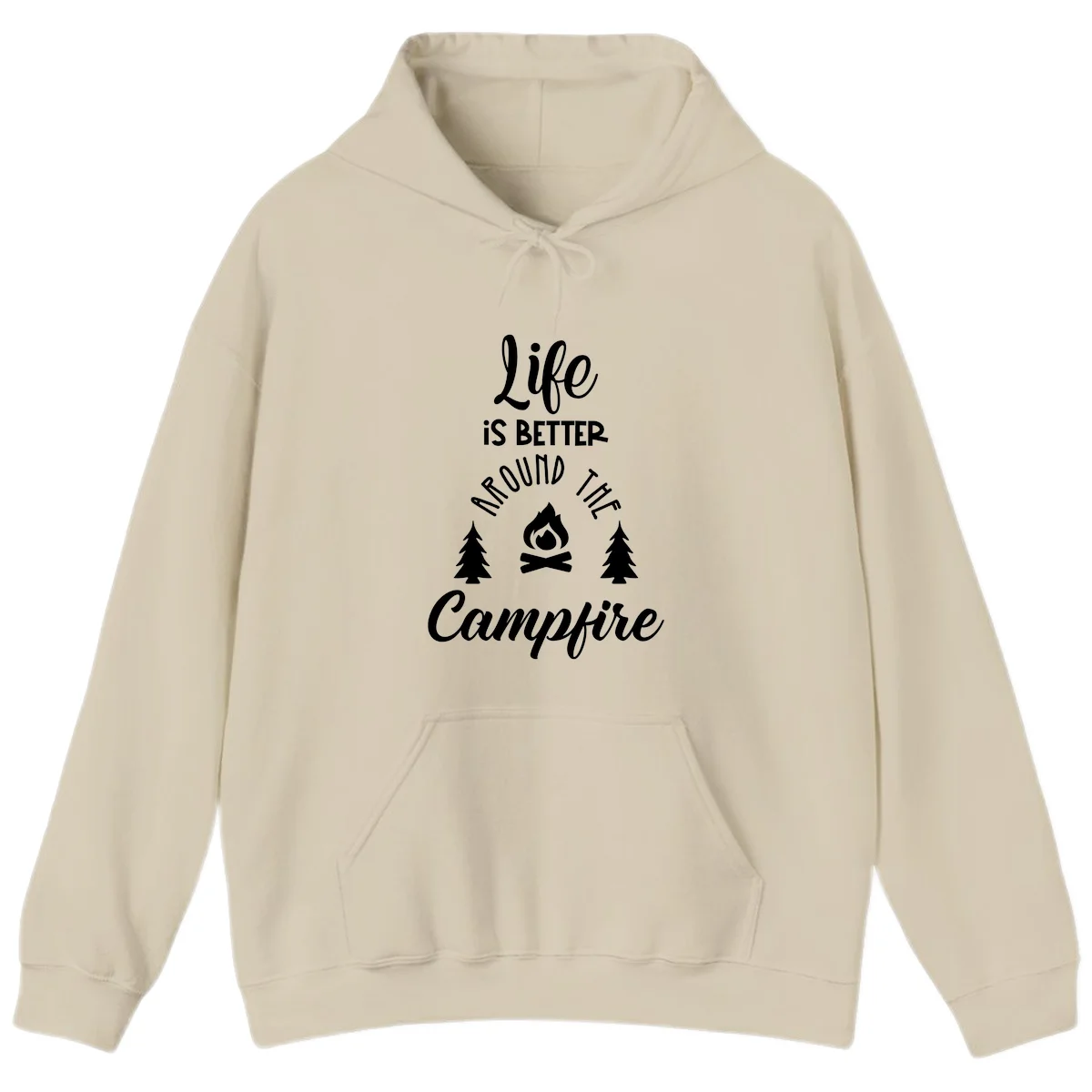 White lettering and campfire graphic with pine trees on gray background reading 'Life is better around the campfire' in Sand