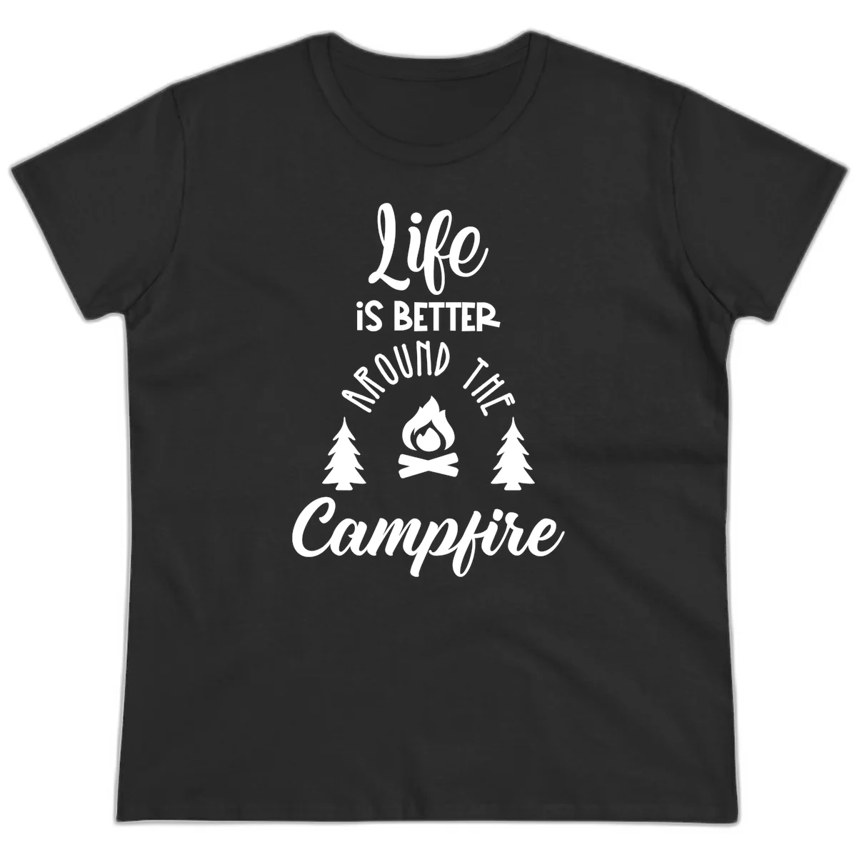 White lettering and campfire graphic with pine trees on gray background reading 'Life is better around the campfire' in Black