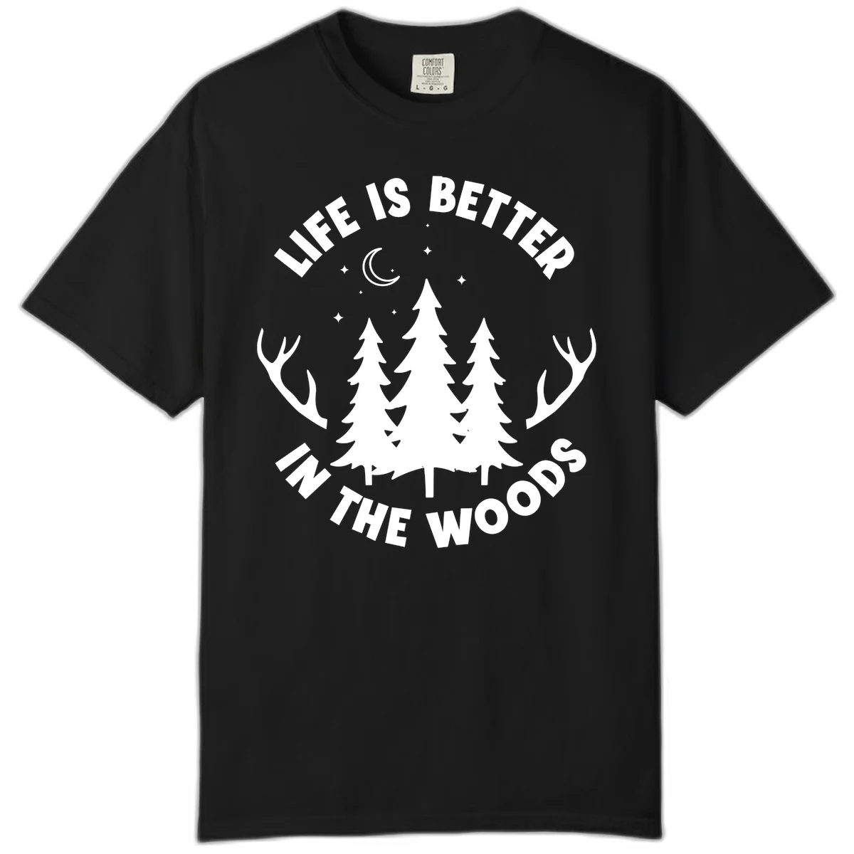 Life is better in the woods design with pine trees, deer antlers, moon and stars on gray background in Black