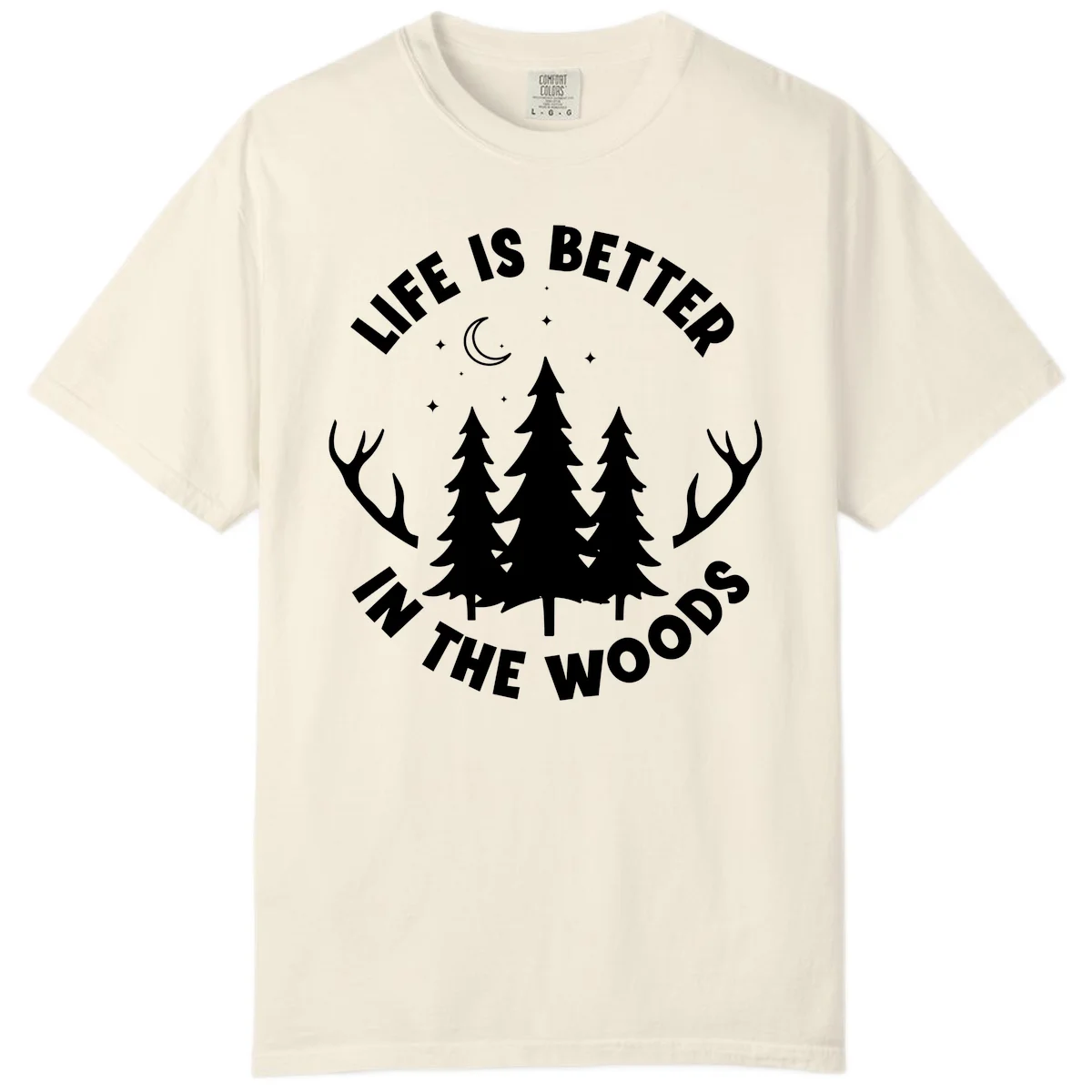 Life is better in the woods design with pine trees, deer antlers, moon and stars on gray background in Ivory