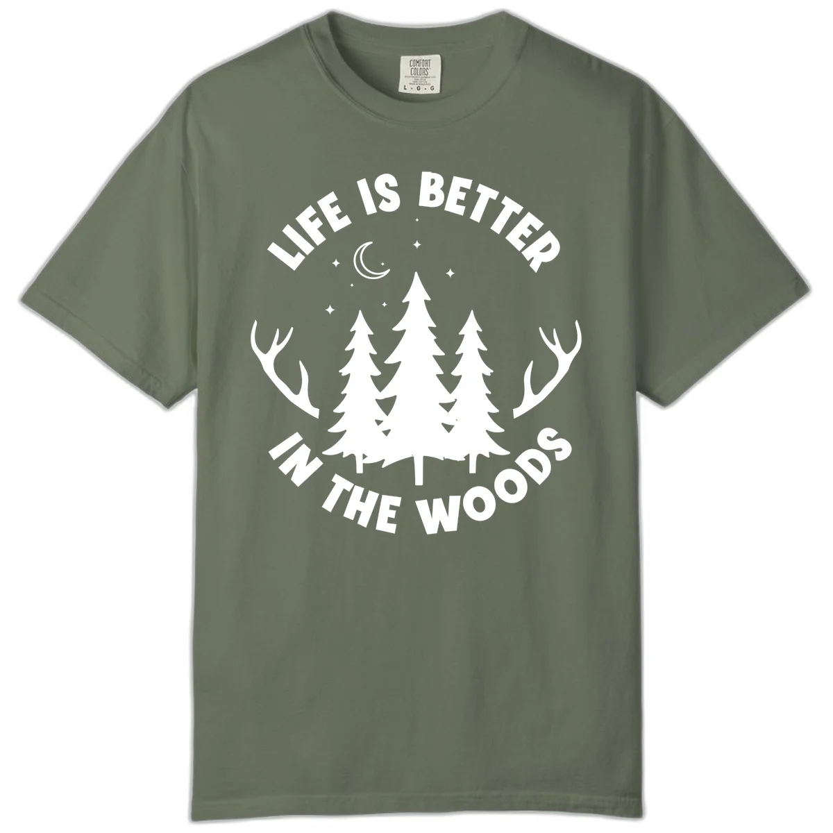 Life is better in the woods design with pine trees, deer antlers, moon and stars on gray background in Moss