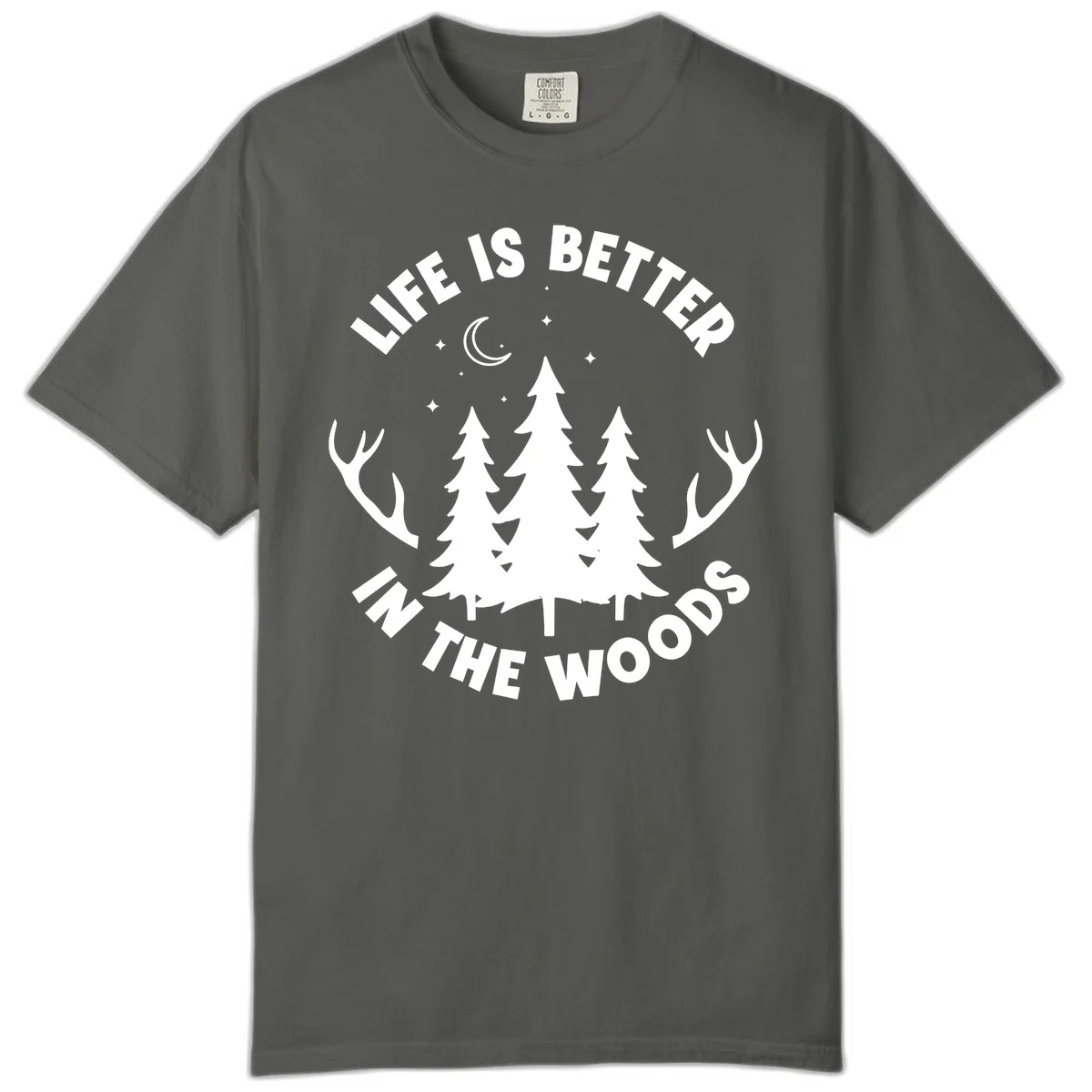 Life is better in the woods design with pine trees, deer antlers, moon and stars on gray background in Pepper