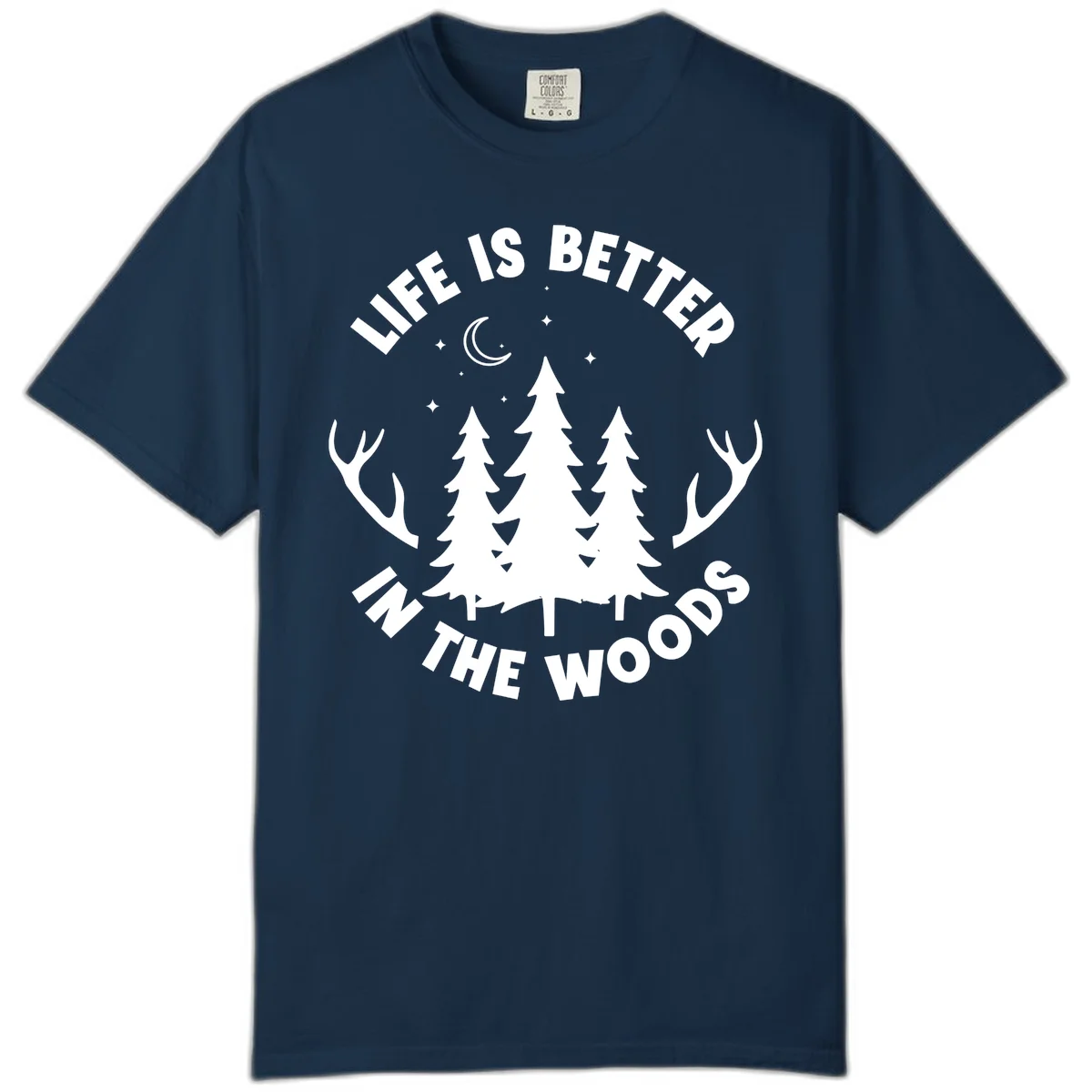 Life is better in the woods design with pine trees, deer antlers, moon and stars on gray background in True Navy