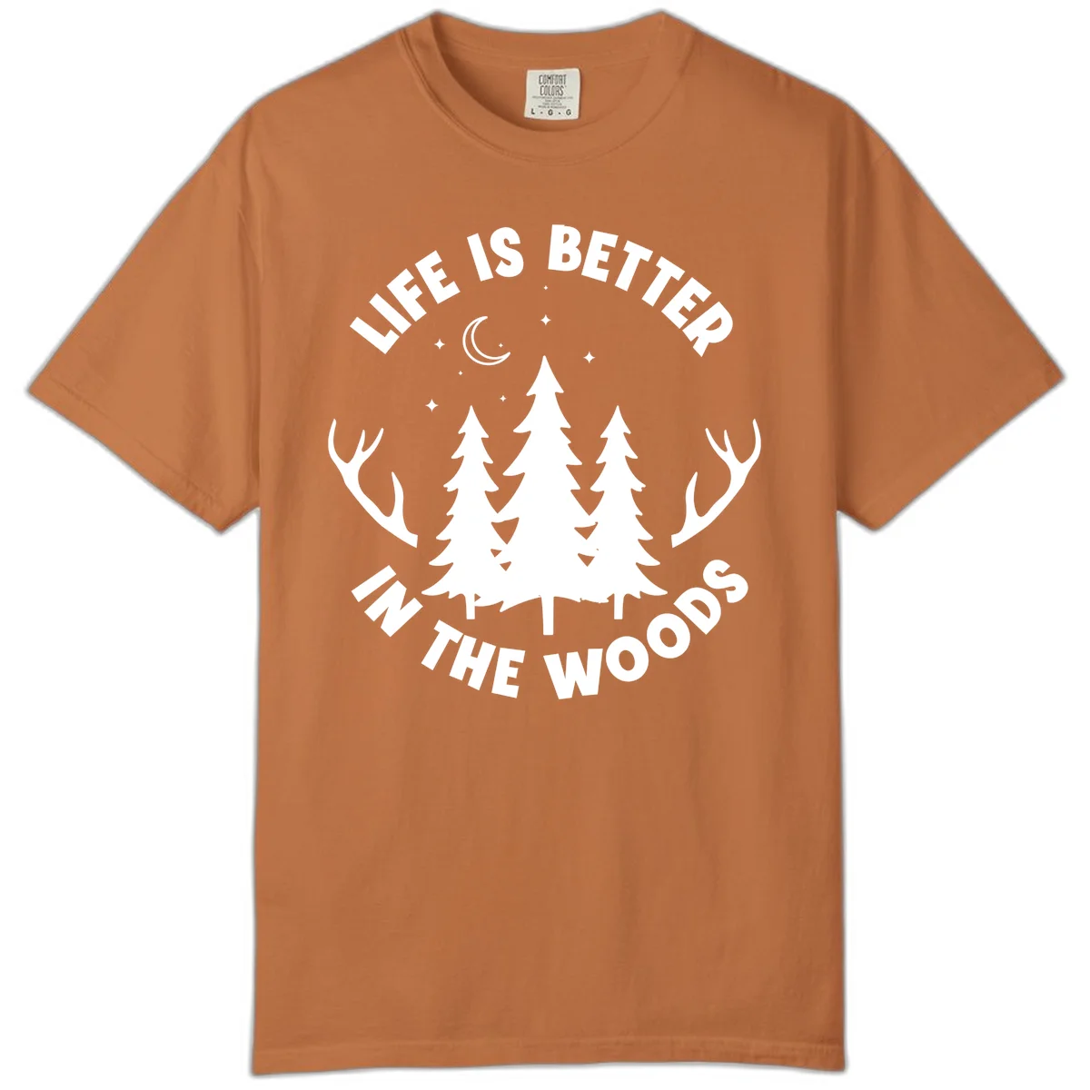 Life is better in the woods design with pine trees, deer antlers, moon and stars on gray background in Yam
