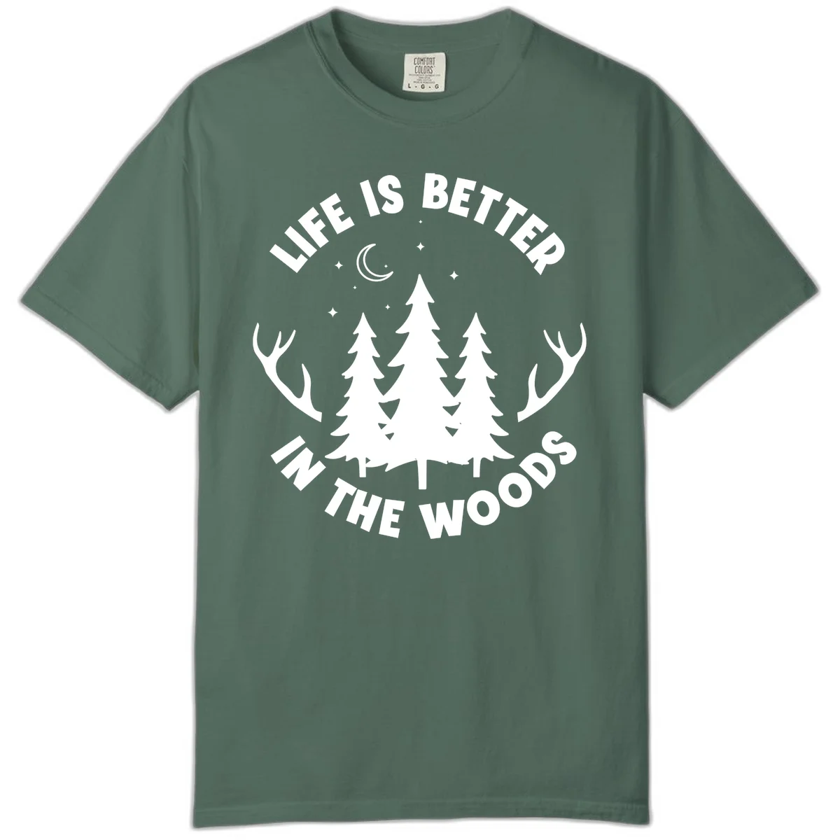 Life is better in the woods design with pine trees, deer antlers, moon and stars on gray background in Blue Spruce