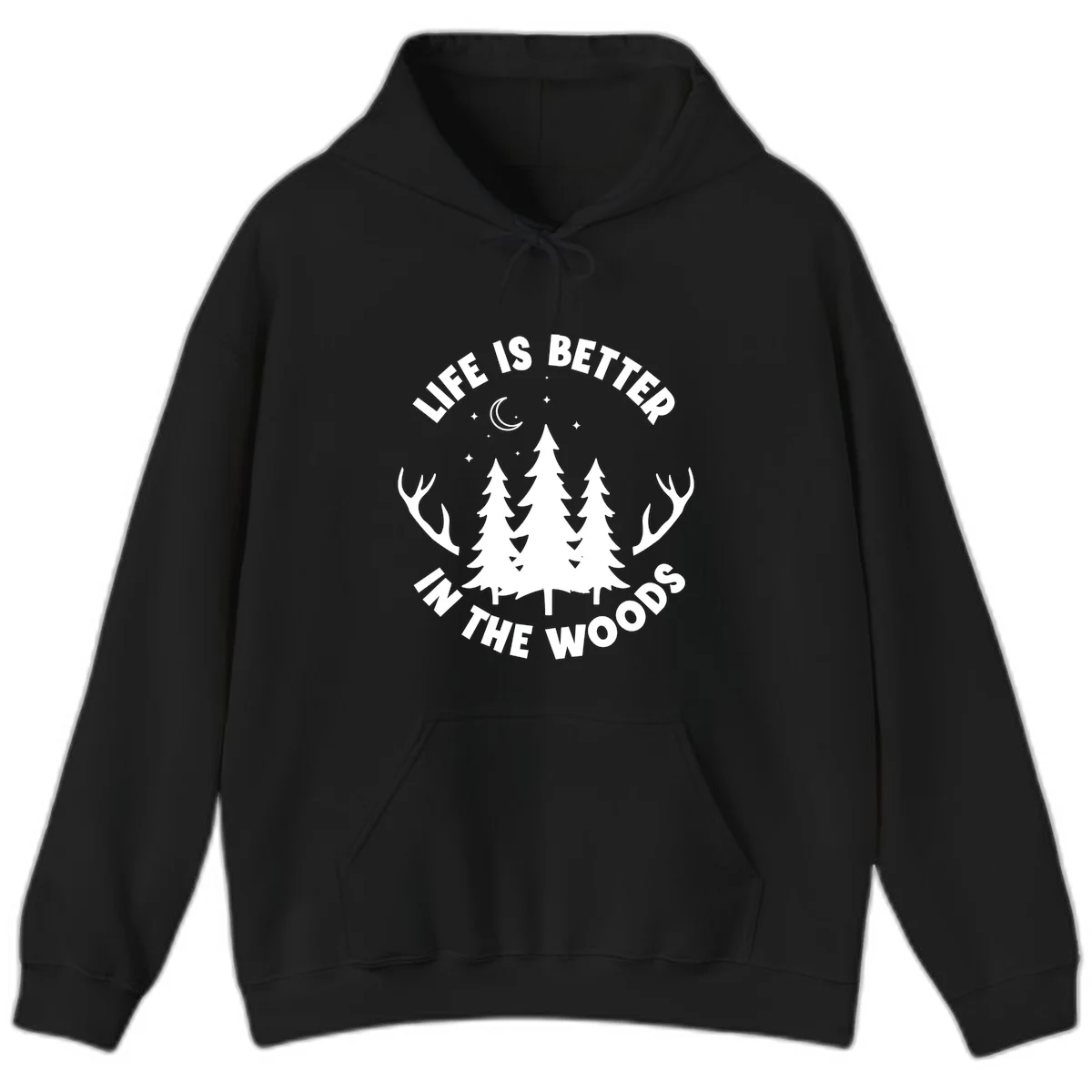 Life is better in the woods design with pine trees, deer antlers, moon and stars on gray background in Black