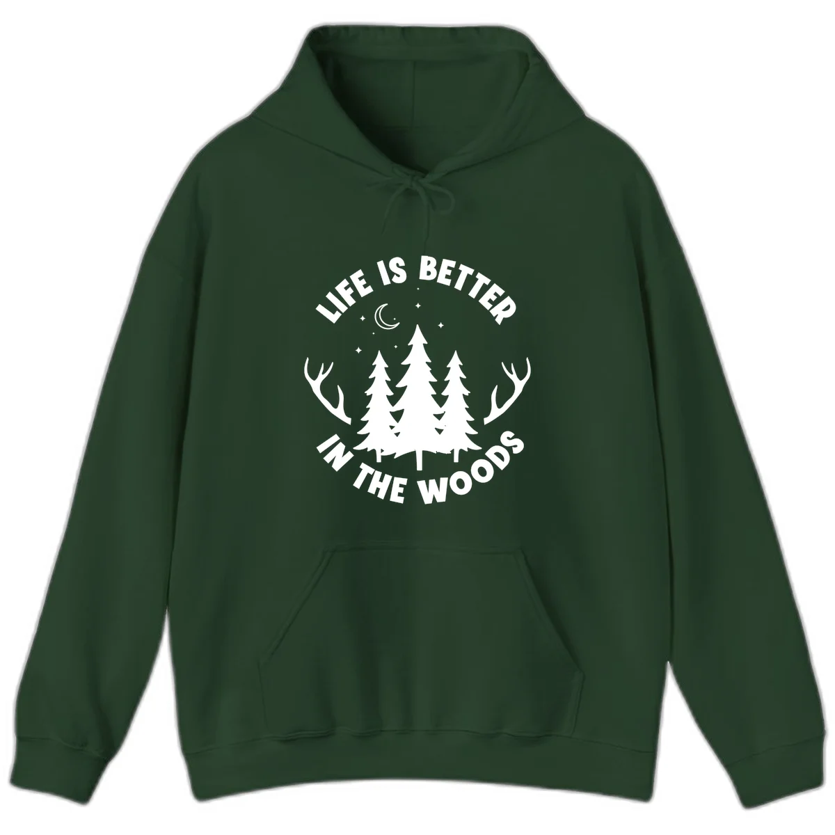 Life is better in the woods design with pine trees, deer antlers, moon and stars on gray background in Forest Green