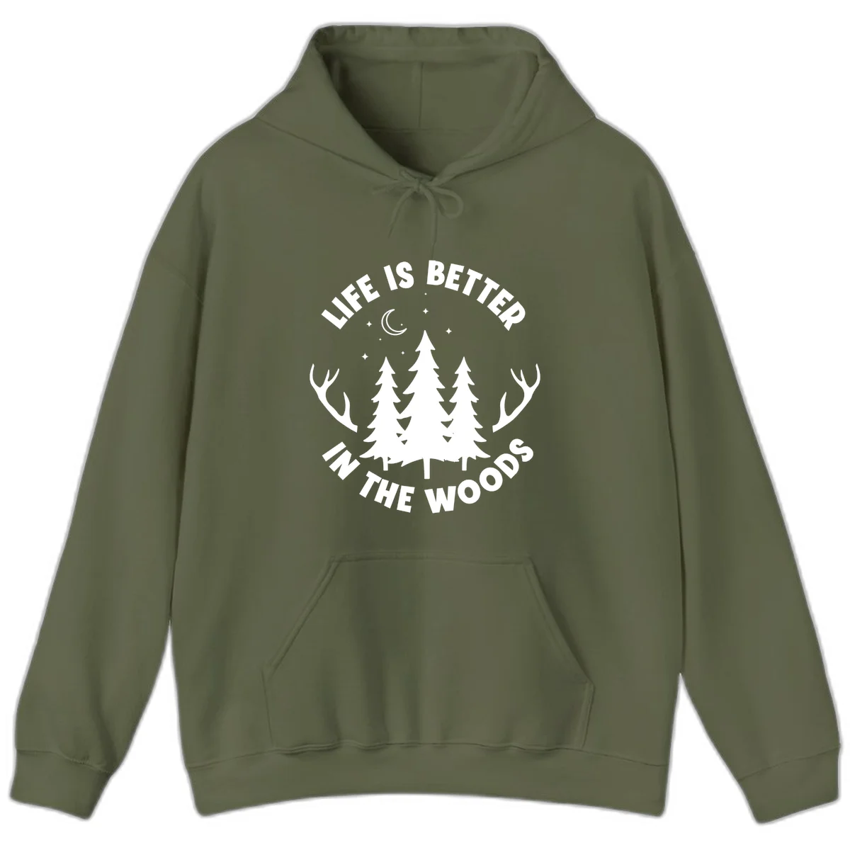 Life is better in the woods design with pine trees, deer antlers, moon and stars on gray background in Military Green