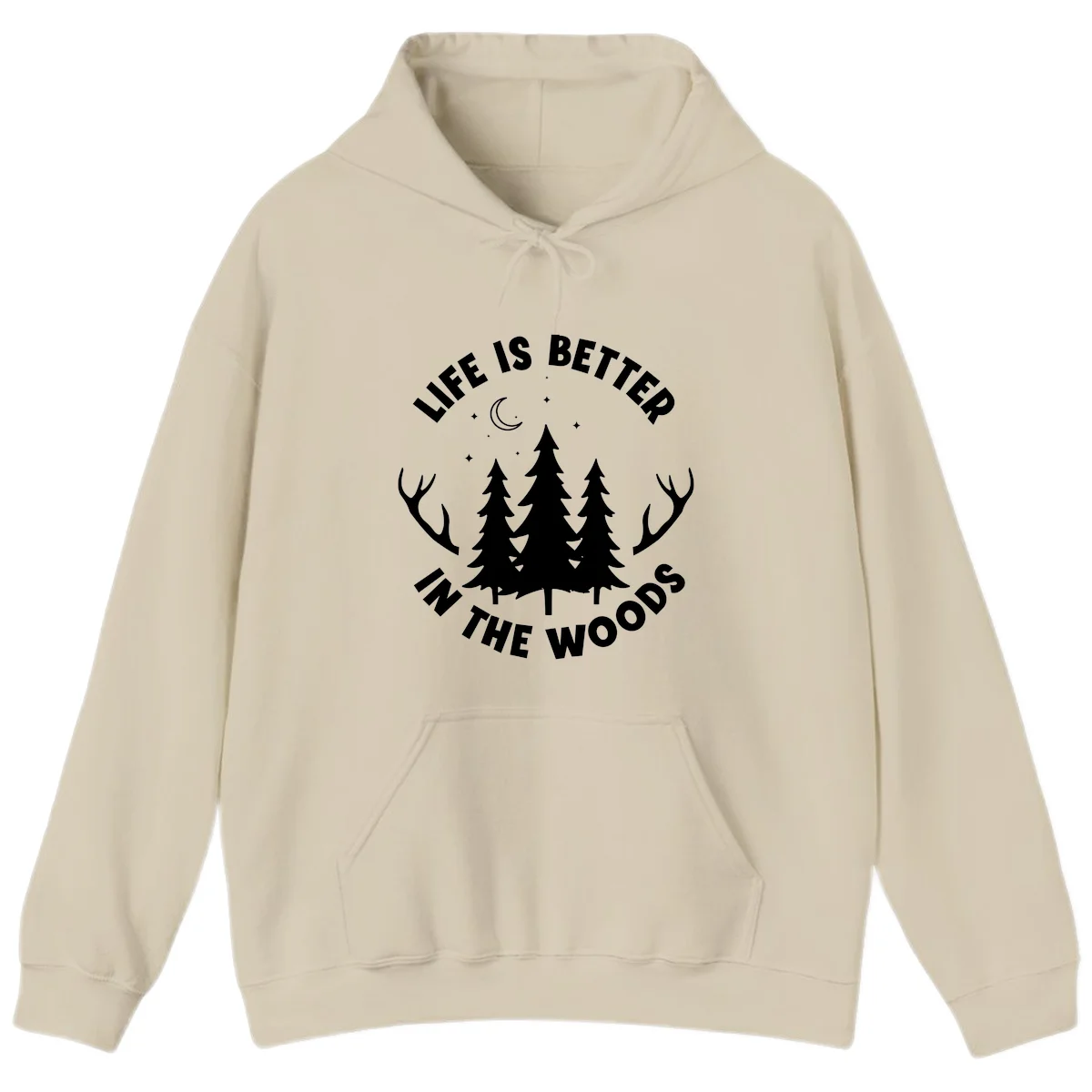 Life is better in the woods design with pine trees, deer antlers, moon and stars on gray background in Sand