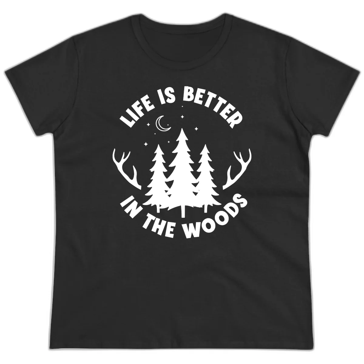 Life is better in the woods design with pine trees, deer antlers, moon and stars on gray background in Black