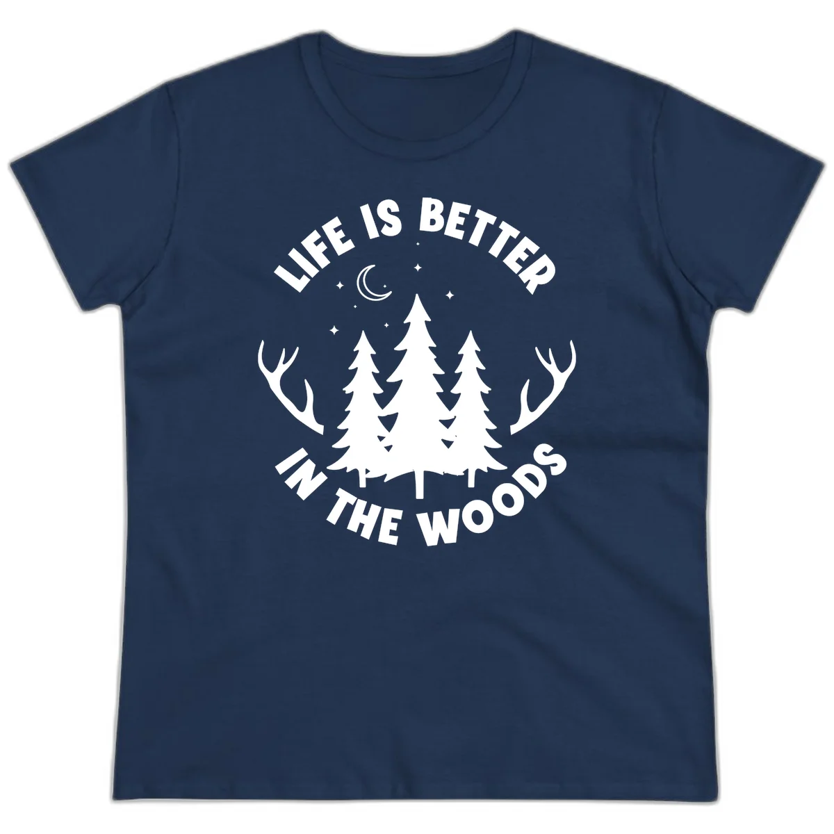 Life is better in the woods design with pine trees, deer antlers, moon and stars on gray background in Navy