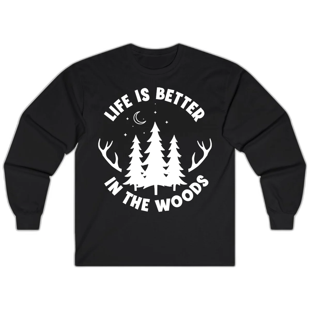 Life is better in the woods design with pine trees, deer antlers, moon and stars on gray background in Black