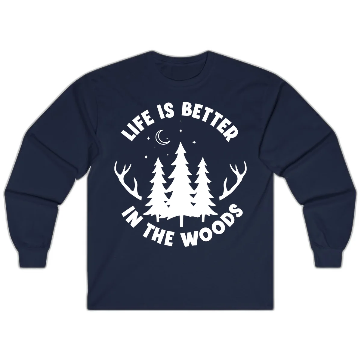 Life is better in the woods design with pine trees, deer antlers, moon and stars on gray background in Navy