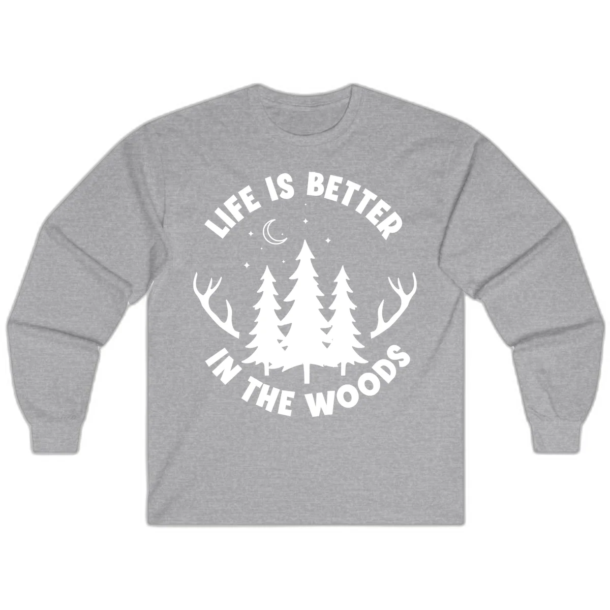 Life is better in the woods design with pine trees, deer antlers, moon and stars on gray background in Sport Grey
