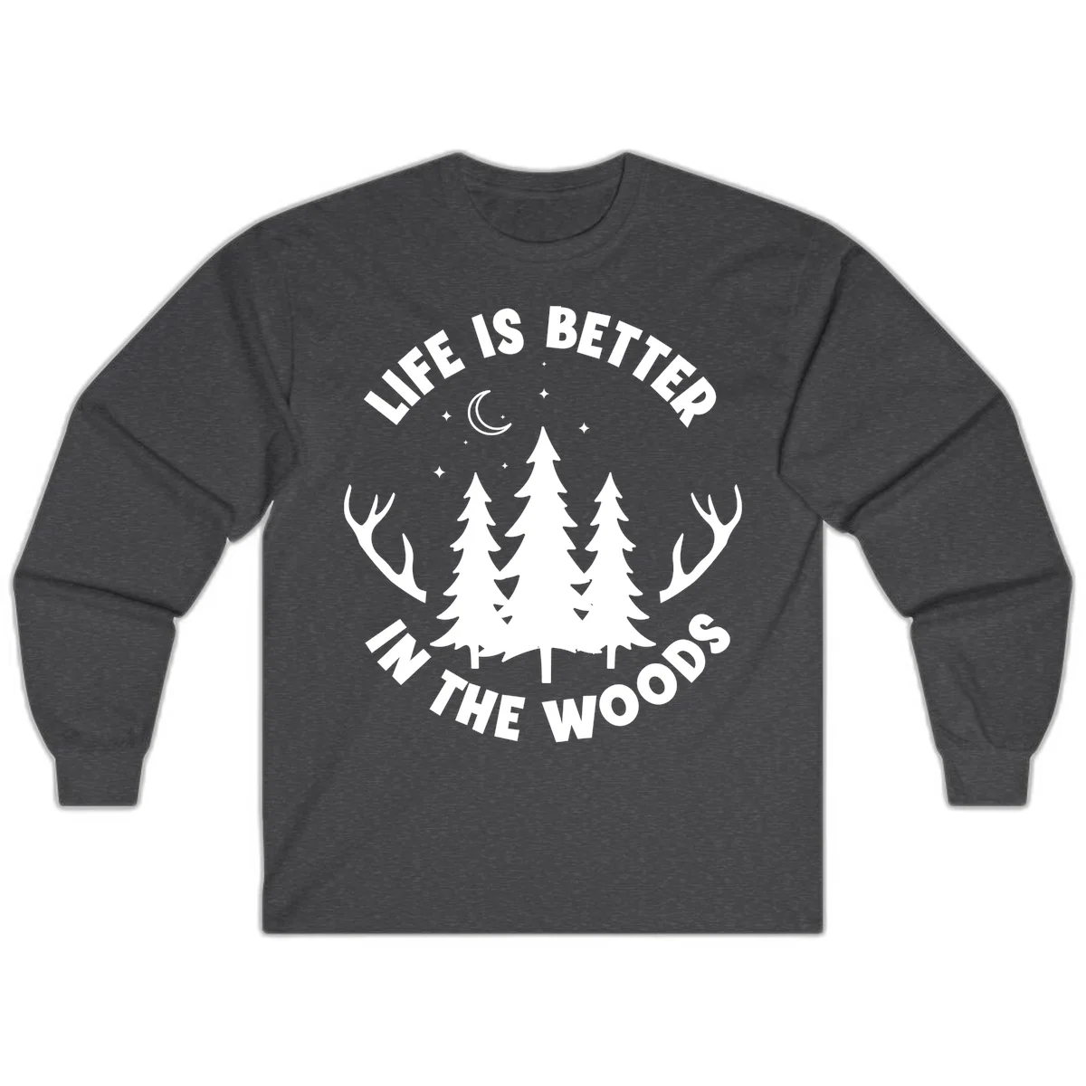 Life is better in the woods design with pine trees, deer antlers, moon and stars on gray background in Dark Heather