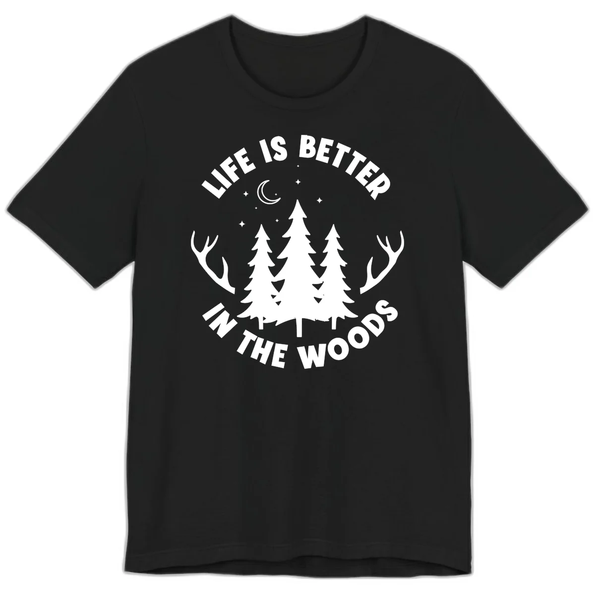 Life is better in the woods design with pine trees, deer antlers, moon and stars on gray background in Black