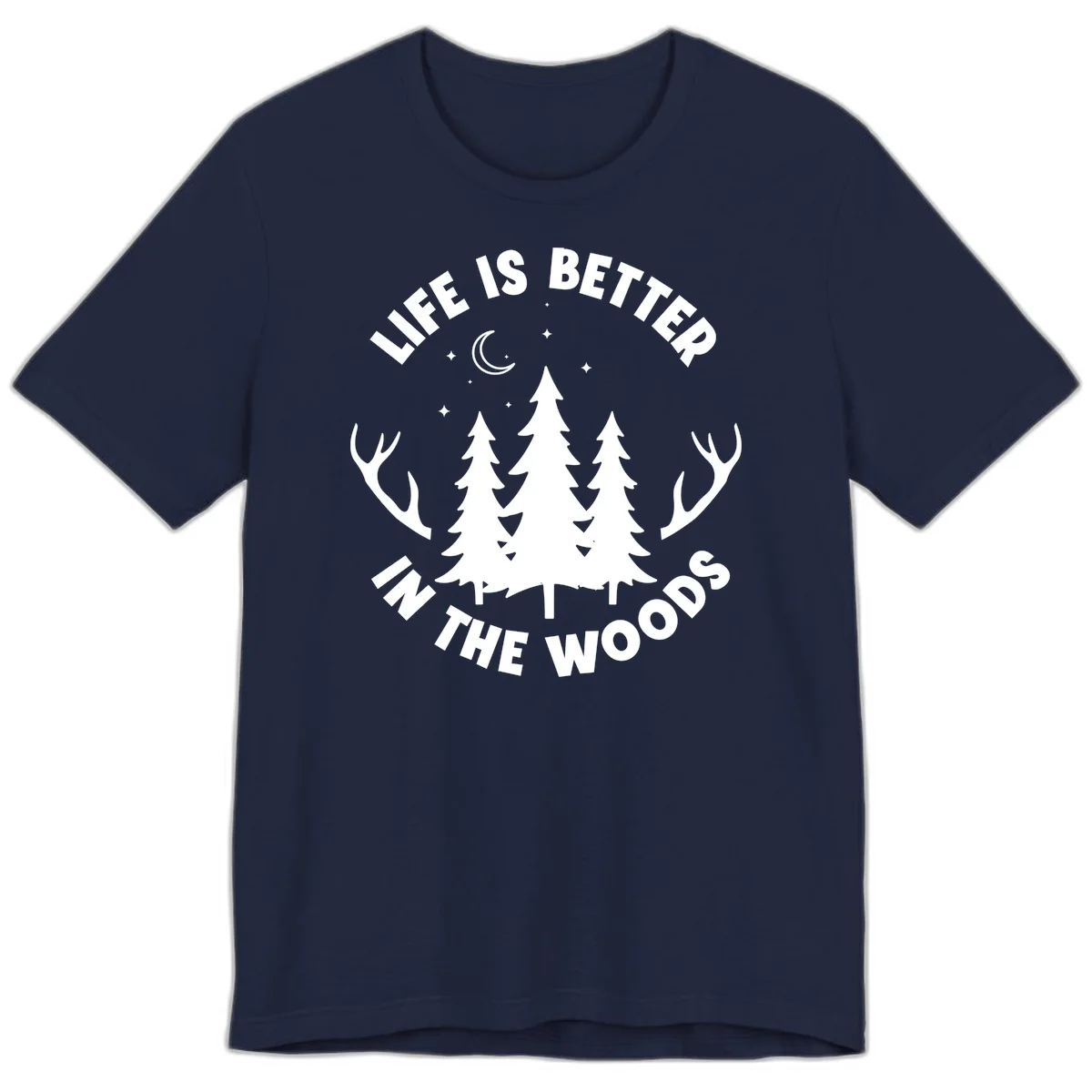 Life is better in the woods design with pine trees, deer antlers, moon and stars on gray background in Navy