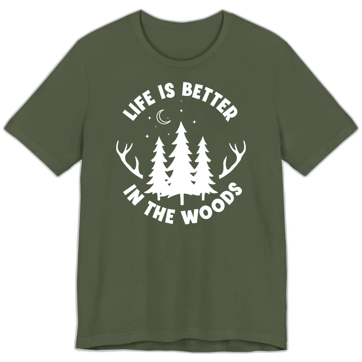 Life is better in the woods design with pine trees, deer antlers, moon and stars on gray background in Military Green
