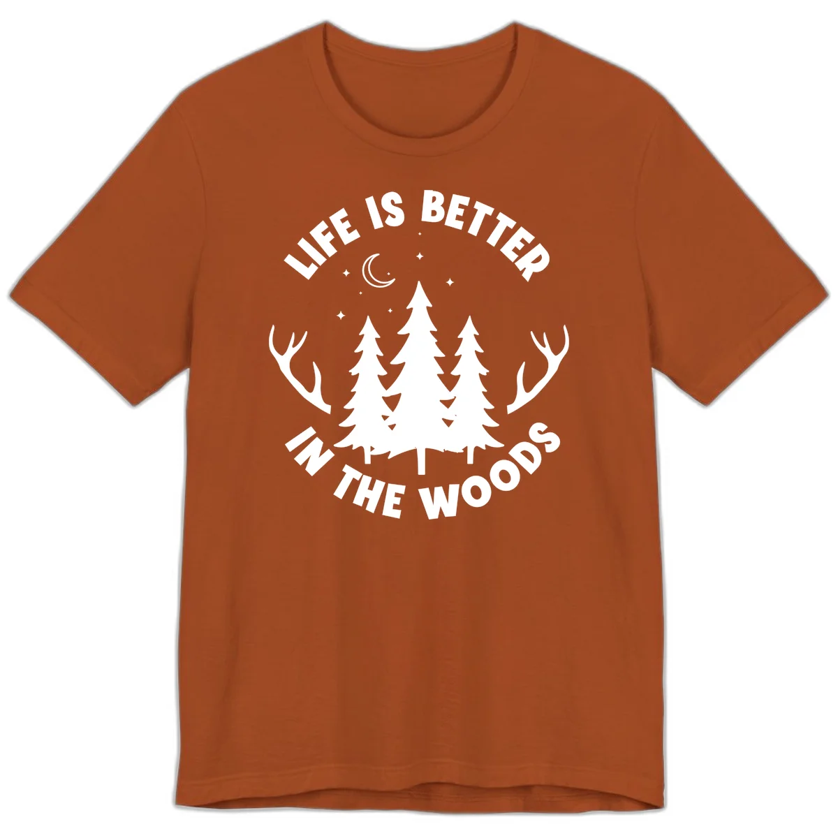 Life is better in the woods design with pine trees, deer antlers, moon and stars on gray background in Autumn