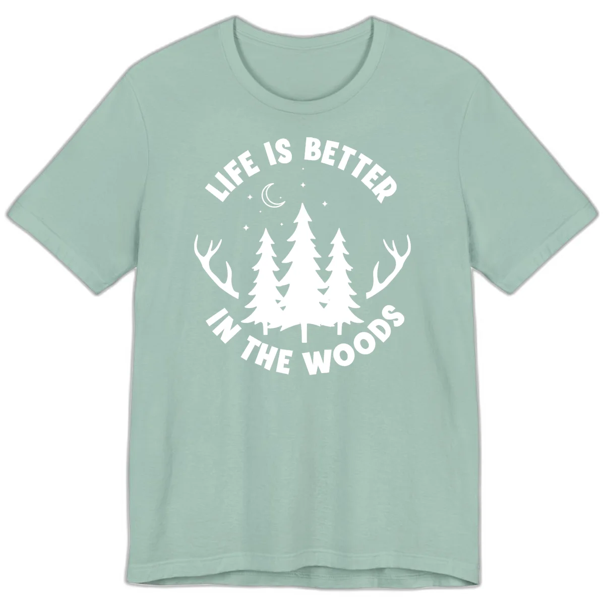 Life is better in the woods design with pine trees, deer antlers, moon and stars on gray background in Dusty Blue