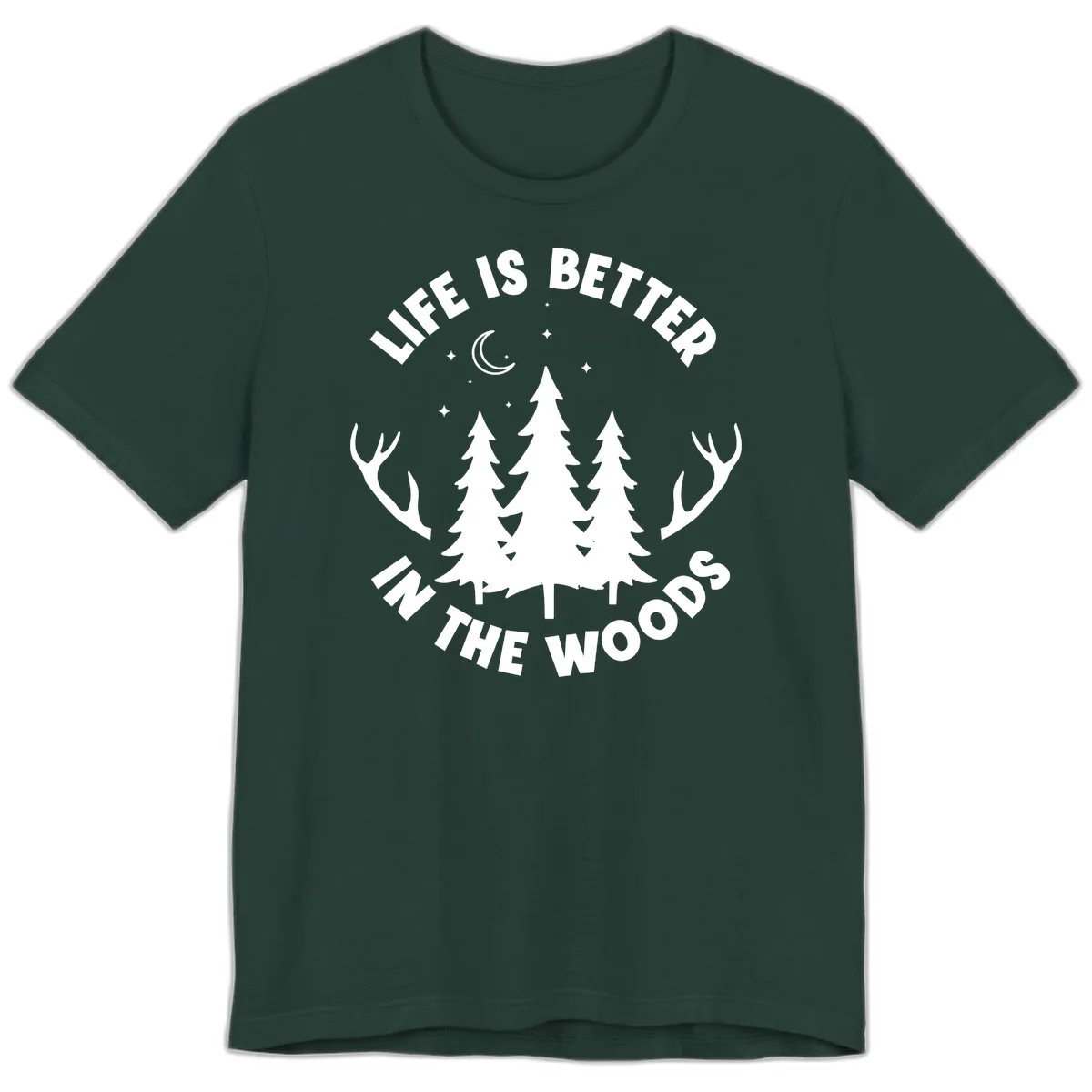 Life is better in the woods design with pine trees, deer antlers, moon and stars on gray background in Forest