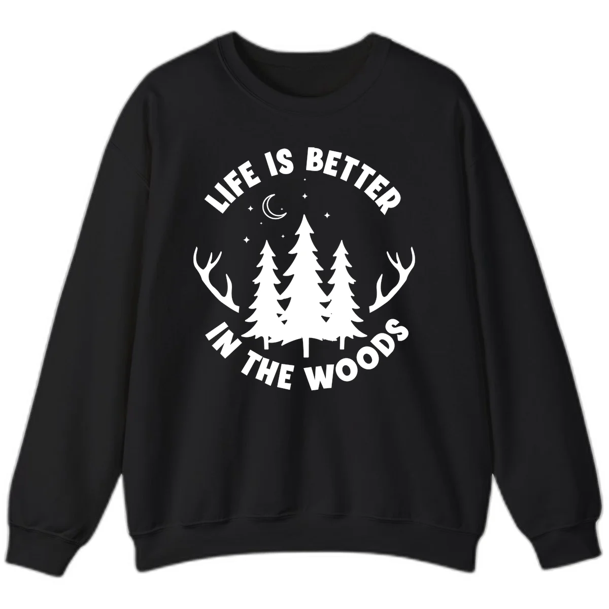 Life is better in the woods design with pine trees, deer antlers, moon and stars on gray background in Black