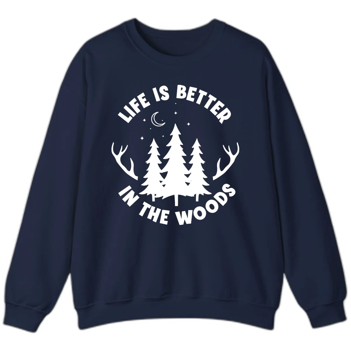Life is better in the woods design with pine trees, deer antlers, moon and stars on gray background in Navy