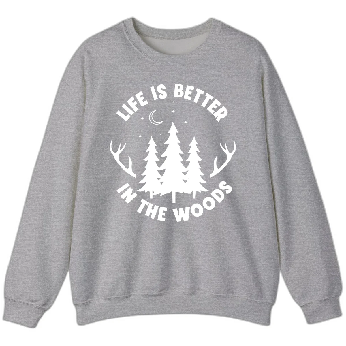 Life is better in the woods design with pine trees, deer antlers, moon and stars on gray background in Sport Grey