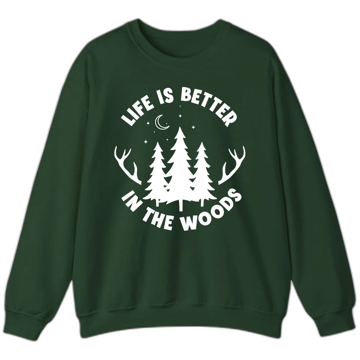 Life is better in the woods design with pine trees, deer antlers, moon and stars on gray background in Forest Green