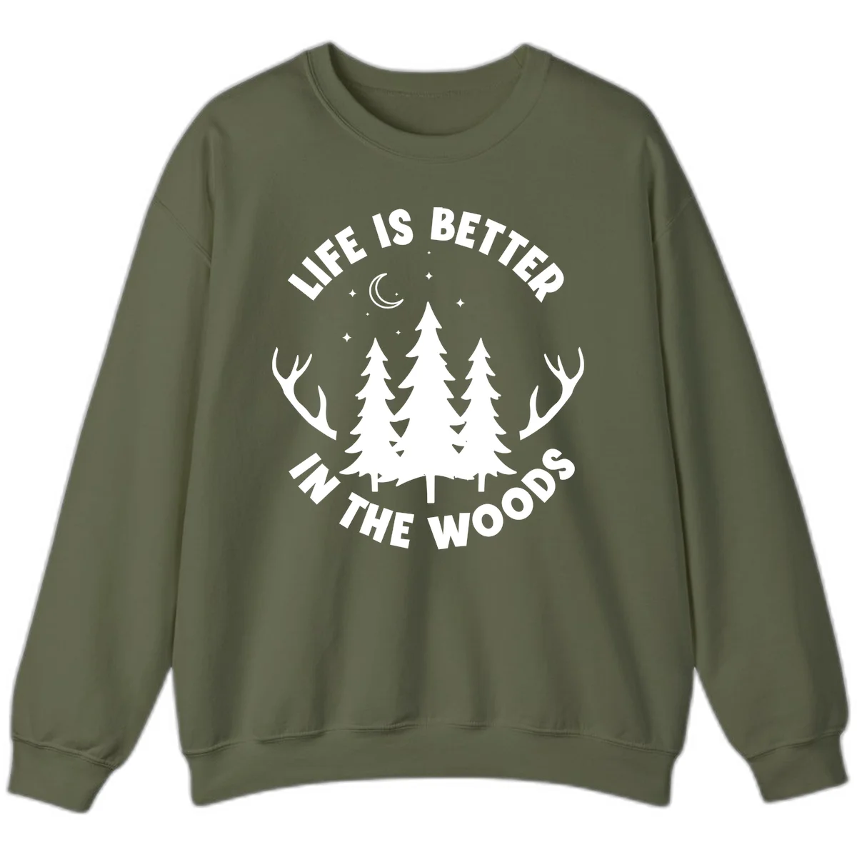 Life is better in the woods design with pine trees, deer antlers, moon and stars on gray background in Military Green