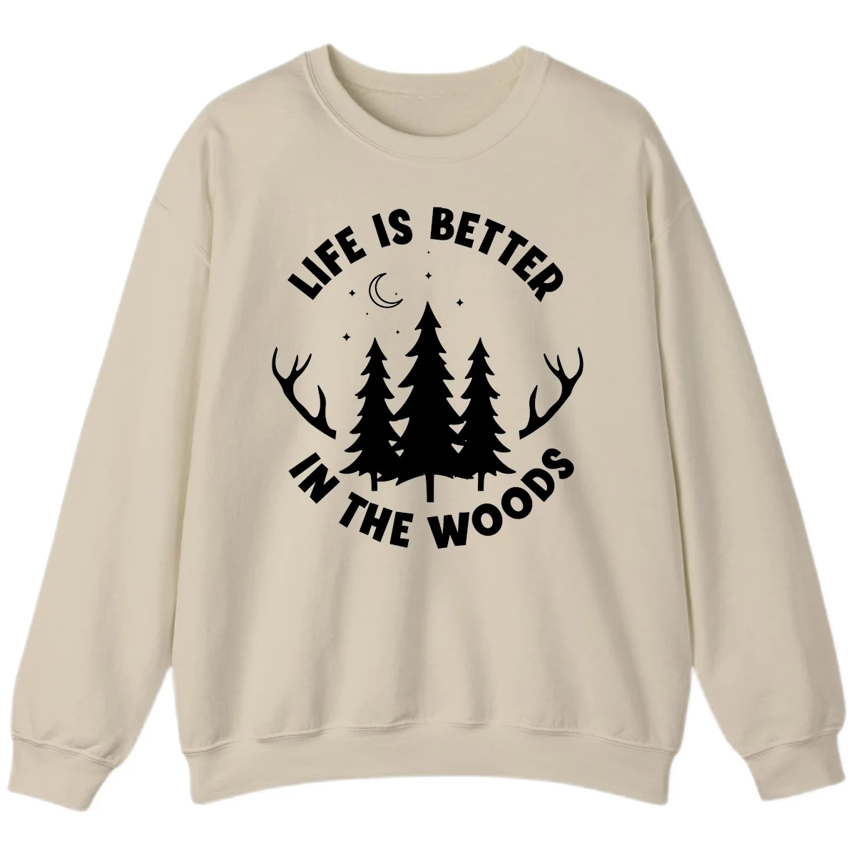 Life is better in the woods design with pine trees, deer antlers, moon and stars on gray background in Sand