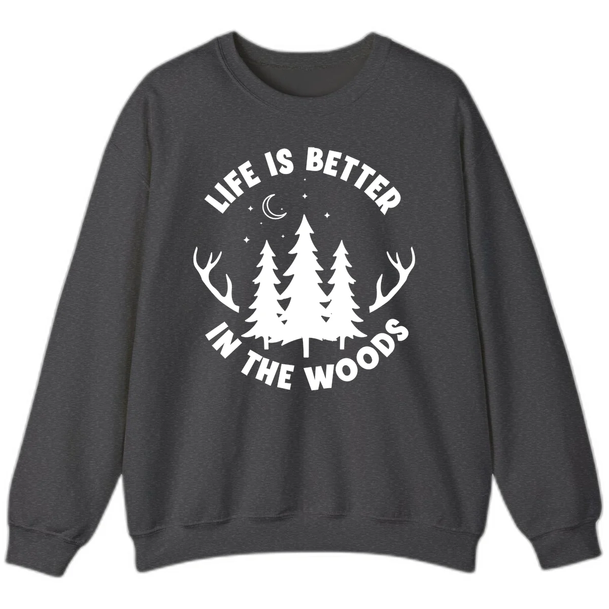Life is better in the woods design with pine trees, deer antlers, moon and stars on gray background in Dark Heather