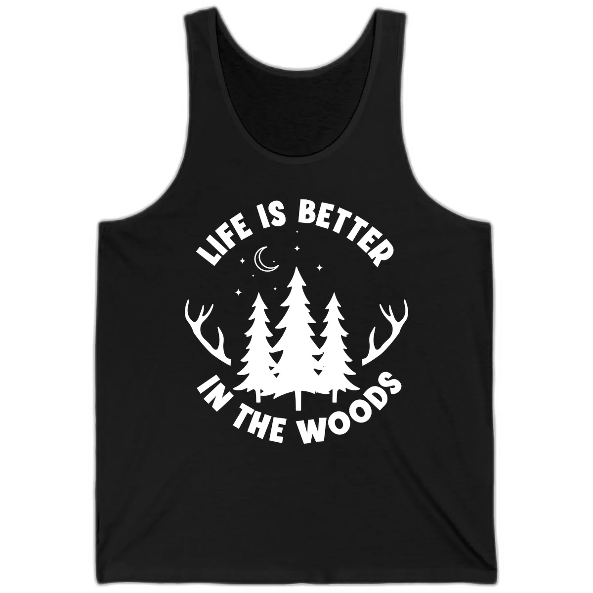 Life is better in the woods design with pine trees, deer antlers, moon and stars on gray background in Black